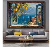 Vista del mar Mediterráneo, lienzo con ventana azul abierta, arte mural de limonero, paisaje de pueblo costero, decoración de lienzo (20x30cm/sin marco)
