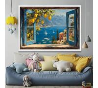 Vista del mar Mediterráneo, lienzo con ventana azul abierta, arte mural de limonero, paisaje de pueblo costero, decoración en lienzo (60x80cm/sin marco)
