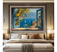 Vista del mar Mediterráneo, lienzo con ventana azul abierta, arte mural de limonero, paisaje de pueblo costero, decoración en lienzo (50x70cm/sin marco)