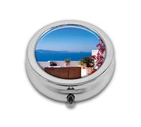 Vista del Mediterráneo Santorini Mar Egeo Paisaje Marino Holiday Artwork Custom Round SilverBox Pocket 2.1" - 3 Compartimentos Box/Pastillero Bolsillo