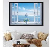 Vista desde la ventana con brisa azul: Pósteres de arte con paisajes marinos costeros elegantes para la decoración del hogar y la sala de estar, impresión en lienzo (55x110cm/marco interno)