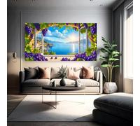 Vista desde la ventana: paisaje costero con viñedos, puesta de sol, mar, océano, villa, naturaleza. Lámina artística para sala de estar (50x100cm/sin marco).