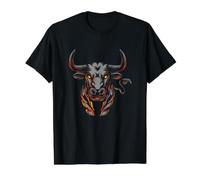 Vista Frontal Toro con Cuernos Largos preparando perseguir a su Presa Camiseta gráfica económica, Hombre, Negro, XL