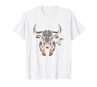 Vista Frontal Toro con Cuernos Largos preparando perseguir a su Presa Camiseta gráfica económica, Hombre, Blanco, S