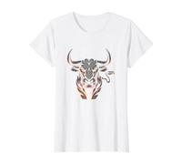 Vista Frontal Toro con Cuernos Largos preparando perseguir a su Presa Camiseta gráfica económica, Mujer, Blanco, XS