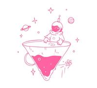 Vista lejana de un astronauta con casco y bandera de pie en una isla flotante en el espacio Calcomanías de pared de papel adhesivo 41x48.4cm Removible sin dejar pegamento Rosa