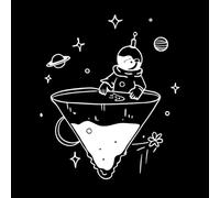 Vista lejana de un astronauta con casco y bandera de pie en una isla flotante en el espacio Calcomanías de pared de papel adhesivo 49.2x58.1cm Autoadhesivo Blanco