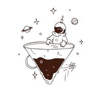 Vista lejana de un astronauta con casco y bandera de pie en una isla flotante en el espacio Pegatinas de tallado fino 49.2x58.1cm Embellecimiento de paredes Café