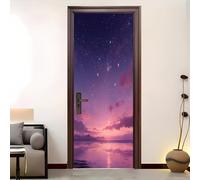 Vista OníRica Del Mar Bajo Un Cielo Estrellado Autoadhesivo Puerta Pegatina Papel Pintado Puerta Mural 88x200cm Rosa PúRpura Impermeable para Baño Sala de Estar Cocina Dormitorio Pegatinas Decorativas