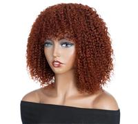 Vístete y empiece, pelucas Bob sin pegamento, pelucas cortas y rizadas de cabello humano con flequillo, densidad 250, para mujeres negras, marrón rojizo agrega volumen al cabello
