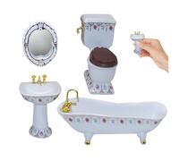Vistnale Bañera para casa de muñecas|Juego de baño para casa de muñecas Incluido Inodoro Bañera Lavabo Espejo 1:12 Muebles para de Juguetes con Estampado Floral para Accesorios para de muñec