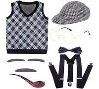 Vistnale Disfraz de Viejo para Niños, Disfraces de 100 Días de Cole para niños, Disfraz de Viejo Incluye Gorro, Gafas, Chaleco de Abuelo, Bastón, 130cm|Disfraces