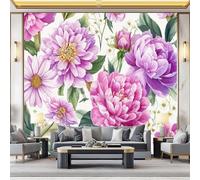 Vistoso Moderno Carta da Parati no autoadhesivo, patrón Acuarela Flores Peonías Hojas, ideal para decoración de interiores, pared de salón dormitorio o estudio 250 x 175 cm