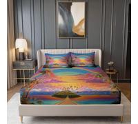 Vistoso Sábanas Ajustables 160 x 200 cm, Estilo Fantasía Islas Atardeceres Tema Elastico Funda Colchon con 30cm Bolsillos Profundos - Suave Microfibra Sábana Ajustable para Niños