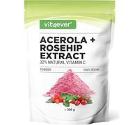 vit4ever Polvo de acerola y escaramujo 300 g - suministro para 6,6 meses - 200 porciones - 1500mg de extracto, de los cuales 485mg de vitamina C natural - de acerola y escaramujo - vegano sin aditivos