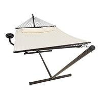 VITA5 Hamaca Doble con Soporte y Mesa Auxiliar 200 kg | Disfruta del Descanso en Jardín o Piscina con Portabebidas Integrado y Espacio para Dos Personas