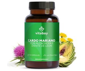 Vitabay Cardo Mariano Capsulas 250mg Alta Dosis y Veganas - 90 Capsulas de Cardo Mariano - Alcachofa y Diente de León con el Principio activo Silimarina - Milk Thistle Capsules probadas en Laboratorio