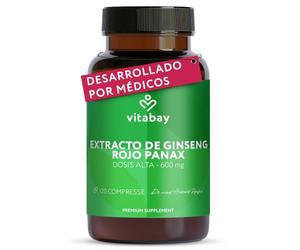 Vitabay Ginseng Rojo Panax 600 mg Extracto - 120 Cápsulas Veganas | Estandarizado al 20% Ginsenósidos - Verdadero Ginseng Coreano C.A. Meyer - Analizado en Laboratorio en Alemania - 2 Meses