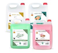 Vitacab - Pack 4 Garrafas 5L: Jabón de Manos Sin Perfume, Gel de Ducha Flor de Almendra, Champú Eucalipto y Body Milk Almendras & Aloe • Cuidado Corporal Completo • Uso Profesional y Recarga Fácil