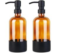 VITACHY 2 Uds Dispensador Jabon Baño Cocina Ducha Vidrio Ámbar 500ml Base Silicona Negro Dosificador Acero Inoxidable