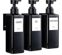 VITACHY Pack 3 Dispensadores Jabón Pared Baño 500ml - Botes Rellenables Gel Champú Acondicionador - Dosificador Ducha Negro con Soporte: Fijación Adhesiva Sin Taladro o con Tornillos