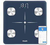 Vitafit Bascula de Baño, Alta Precisión de 0,05kg por Nuestra Fábrica Profesional Desde 2001, Bascula Grasa Corporal y Muscular Inteligente App 13 Composición de Corporal Peso IMC, 180kg, LED, Azul