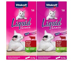 Vitakraft 23521 - Merienda líquida con Carne de Res y Hierba de Gato, 1 Paquete con 6 Bolsas de 15 gr, Total 90 gr (Paquete de 2)