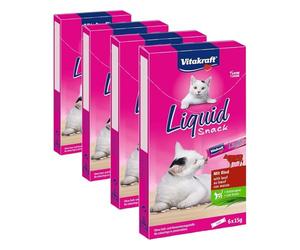 Vitakraft 23521 - Merienda líquida con Carne de Res y Hierba de Gato, 1 Paquete con 6 Bolsas de 15 gr, Total 90 gr (Paquete de 4)