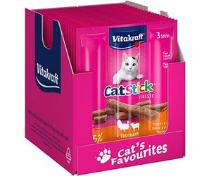 Vitakraft Cat Stick Classic, Aperitivo para Gatos, Mini palitos carnosos, con Pavo y Cordero, en Reserva, sin azúcar ni Cereales añadidos (20 x 3 Unidades)