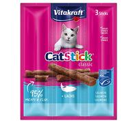 Vitakraft Cat Stick Classic, Aperitivo para Gatos, Mini palitos carnosos, con salmón en Calidad MSC, en tamaño de Almacenamiento, sin azúcar ni Cereales añadidos (20 x 3 Unidades)