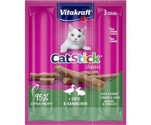 Vitakraft Cat Stick Classic - Snack para Gatos, Barritas de Pato y Conejo, Envase de 3 sticks de 6 g
