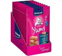 Vitakraft Cat Yums, golosinas para gatos, snack blando para gatos relleno de salmón, en bolsa resellable, tamaño almacenamiento, sin azúcar añadido (9x 40g)