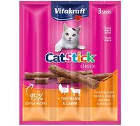Vitakraft Cat Stick Classic, Aperitivo para Gatos, Mini palitos carnosos, con Pavo y Cordero, en Reserva, sin azúcar ni Cereales añadidos (20 x 3 Unidades)