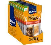 Vitakraft Delicious Chews, huesos masticables para perro, rollos masticables hechos de piel de vacuno envueltos con carne de pollo, para actividad, sin azúcar añadido (9x 70g)