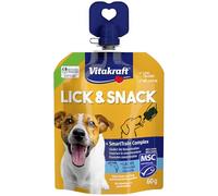 Vitakraft Lick & Snack, golosina perro, crema entrenamiento,salmón (1x 60g) | snack perro MSC, formato tubo,bajo calorías,lecitina,biotina,taurina,favorece concentración,sin azúcares añadidos ni cereales