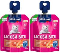 Vitakraft Licks & bits, Crema Suave con trozos en Formato Quetschie, con camarones y Tomate, resellable, sin azúcar añadido (1 x 60 g) (Paquete de 2)