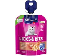Vitakraft Licks & bits, Crema Suave con trozos en Formato Quetschie, con camarones y Tomate, resellable, sin azúcar añadido (1 x 60 g)