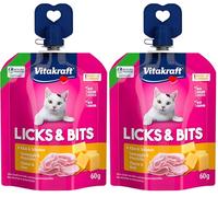 Vitakraft Licks & bits, Crema Suave con trozos en Formato Quetschie, con Queso, resellable, sin azúcar añadido (1 x 60 g) (Paquete de 2)