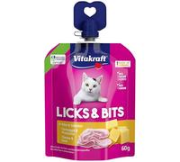 Vitakraft Licks & bits, Crema Suave con trozos en Formato Quetschie, con Queso, resellable, sin azúcar añadido (1 x 60 g)