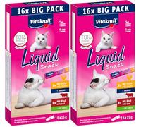 Vitakraft Liquid Snack, golosina líquida para Gatos, Snack cremoso para Gatos, con Ternera, con Pollo, en Sobres Individuales, 1 envase de Almacenamiento (16x 15g) (Paquete de 2)