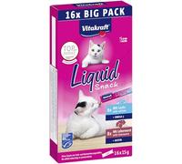 Vitakraft Liquid Snack, golosina para gatos, snack cremoso para gatos, con salchicha de hígado y biotina, con salmón y omega 3, en bolsitas individuales, 1 paquete de almacenamiento (16x 15g)