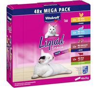 Vitakraft Liquid Snack para gatos, golosinas para gatos en Mega Pack, textura cremosa, con ternera, con pollo, con salmón, 1 paquete de almacenamiento (48x 15g)