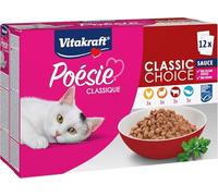 Vitakraft Poésie Classique, comida húmeda para gatos, comida húmeda para gatos en salsa, con pollo, con pavo, con ternera, con salmón, sin azúcar ni cereales añadidos (1 paquete de 12x 85g)