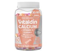 VITALDIN Calcio + Vitamina D3 | SIN AZÚCAR | Apoyo a Huesos, Dientes y Músculos | Sin Aditivos | Sin Gluten | 60 gominolas (1 mes) | Sabor Natural a Fresa, Naranja y Cereza
