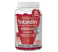 VITALDIN Energy Gummies - Gummies Energéticas Veganas y Sin Azúcar - Con Ginseng, Guaraná, Cafeína, Taurina y Vitaminas B - Mejora la Concentración y Reduce la Fatiga - Sabor Cereza - 70 gomas