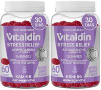 VITALDIN Gominolas de extracto de Raíz de Ashwagandha - 60 Gummies, 300 mg KSM-66 & 1.000 IU Vitamina D2 - sabor Frutos Rojos - Adaptógeno Antiestrés, Calma y relajación - Vegano (Paquete de 2)