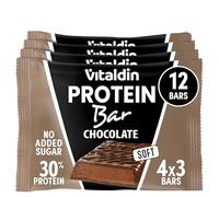 VITALDIN Protein Bar Chocolate - 30% Proteína con Colágeno Hidrolizado - Contenido Bajo en Carbohidratos y Calorías - Sin Azúcares Añadidos - 0,2g Azúcar - Snack Saludable - Pre y Post Entreno - 12 ud