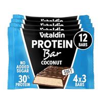 VITALDIN Protein Bar Coco - 30% Proteína con Colágeno Hidrolizado - Contenido Bajo en Carbohidratos y Calorías - Sin Azúcares Añadidos - 0,2g Azúcar - Snack Saludable - Pre y Post Entreno - 12 ud
