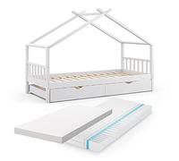 VitaliSpa Cama en Forma de casa Design, Blanco, 90x200 cm con Cama de Invitados y 2 colchones, con Barrera de protección anticaídas y somier para un Descanso Seguro