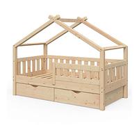 VitaliSpa Cama en Forma de casa Design, Madera Natural, 80x160 cm con 2 cajones, Apto como Zona de Juego y Descanso para niños
